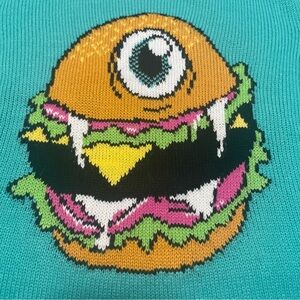 Iron Fist Small Turquoise Knit Crop Sweater with Monster Eyeball Burger Design